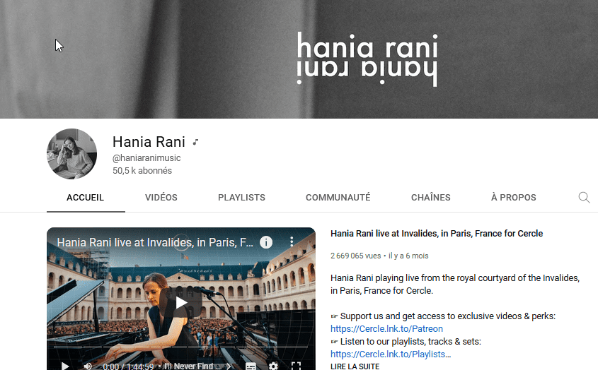 Accès à la chaîne youtube d'Hania Rani, nouvel onglet