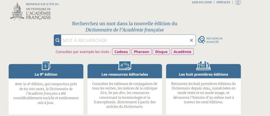 Accès au Dictionnaire de l'Académie française, nouvel onglet